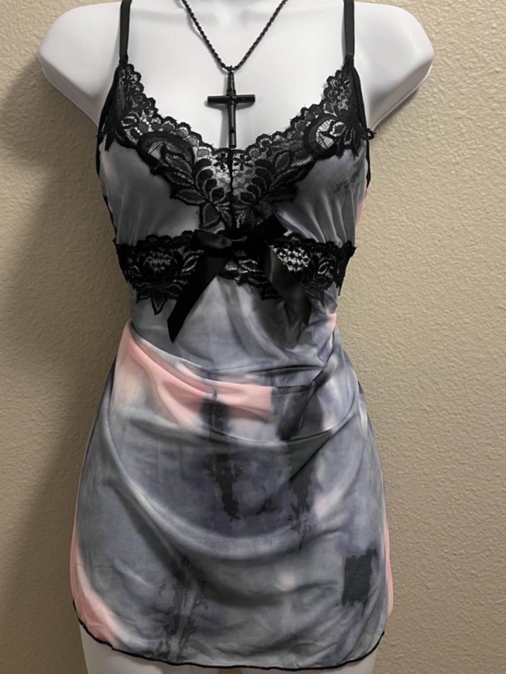 Nwot Black Lace Trim Gray & Pink Slip Chemise Babydoll Top